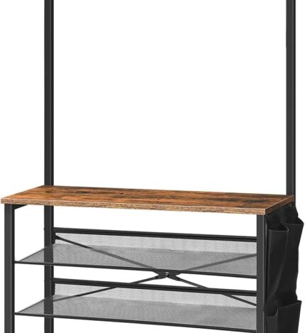 Hall Tree with Bench, Entryway Coat Rack with Shoe Rack, Shoe and Coat Rack, 5 Tier Shoe Storage Organizer with Oxford Fabric Side Pockets, Adjustable Mesh Shelves, Rustic Brown BF75MT01