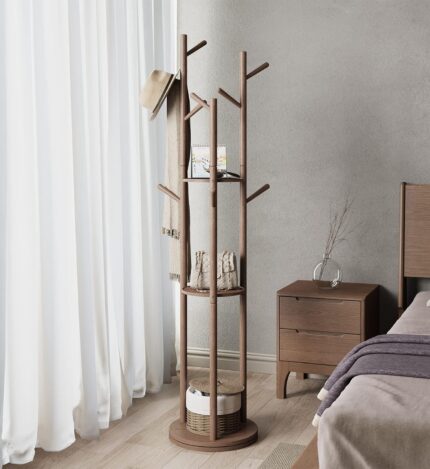 Rotary Coat Rack, Wooden Coat Rack Freestanding with 3 Shelves and 9 Hooks, Coat Tree, Sturdy and Easy Assembly Coat Rack Stand for Entryway,Hallway,Bedroom,Coats,Bags,Hats (Walnut)