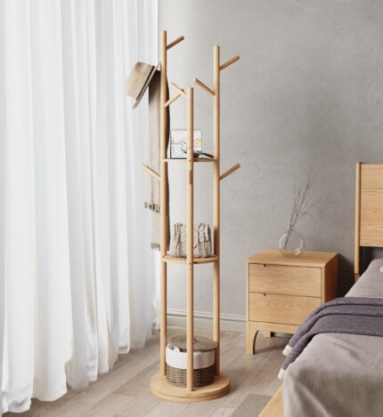 Rotary Coat Rack, Wooden Coat Rack Freestanding with 3 Shelves and 9 Hooks, Coat Tree, Sturdy and Easy Assembly Coat Rack Stand for Entryway,Hallway,Bedroom,Coats,Bags,Hats (Natural)